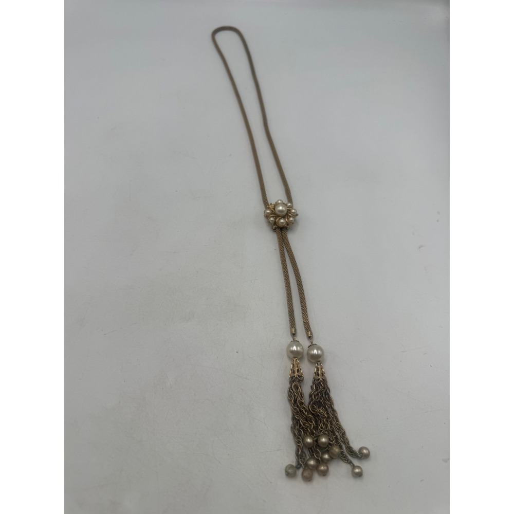 Vintage Gold Tone Mesh Bolo Necklace Faux Pearl Tassel Lariat Adjustable 17in